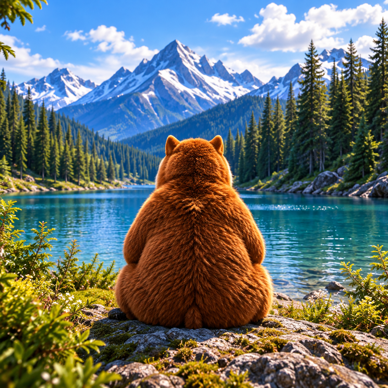 Bearinu overlooking a mountain lake
