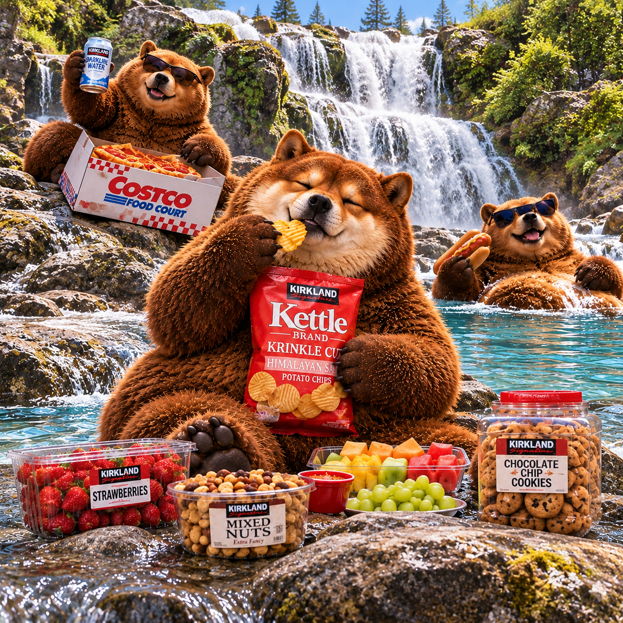 Bearinu and bear friends with Kirkland snacks at a waterfall